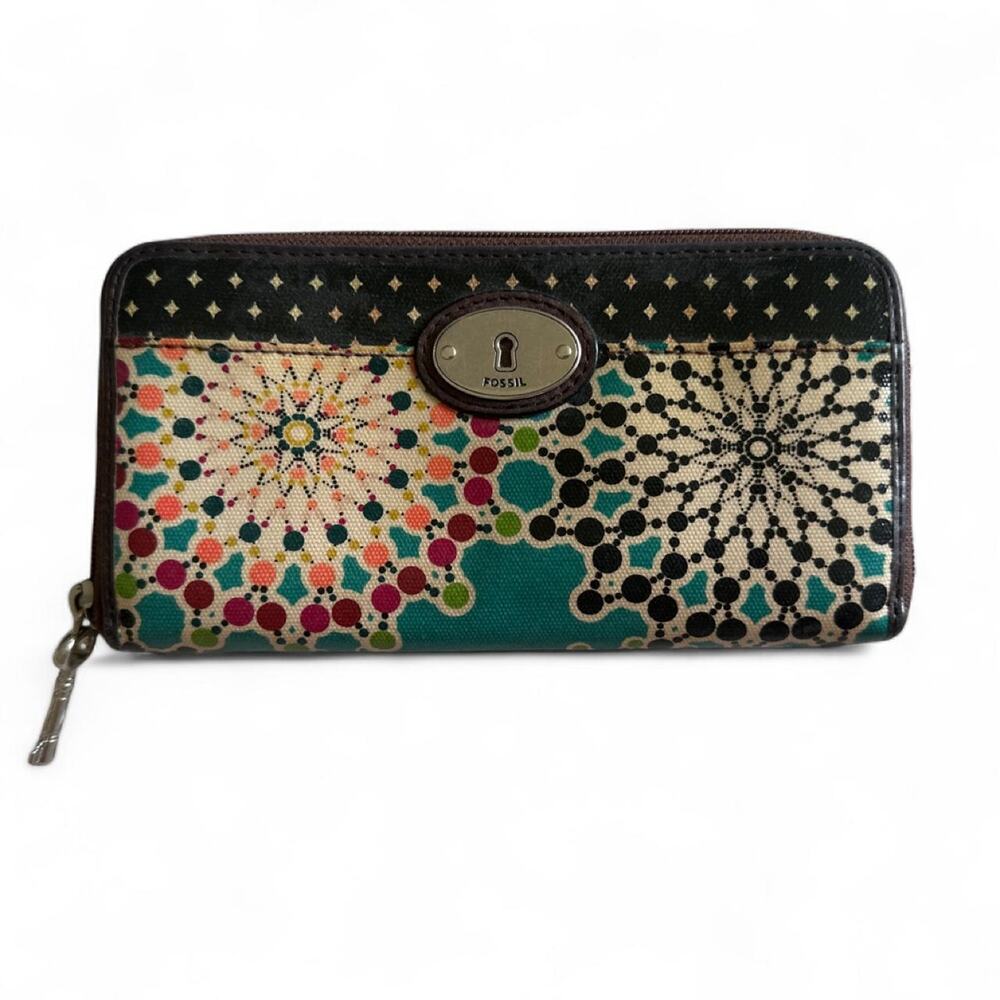 Fossil Key-Per Kaleidoscope Zip Around Wallet Boho Y2K Coated Canvas Organizer